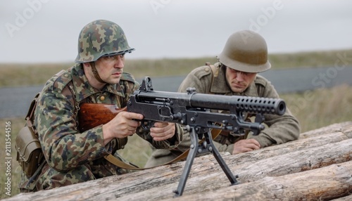 World War II Soldiers Manning a Machine Gun behind Logs
