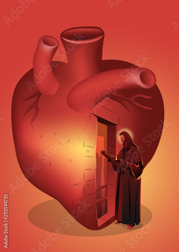 Jesus Knocking on the Door of Human Heart Vector Illustration