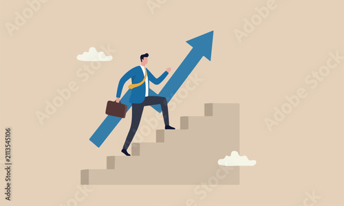 Improvement career growth, stairway to success, growing income or improve skill to achieve business target concept, confidence businessman step walking up stair of success with rising up arrow