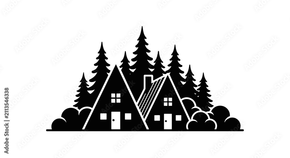 Obraz premium Vector illustration of aframe house silhouette in pine tree forest vector illustration on a transparent background