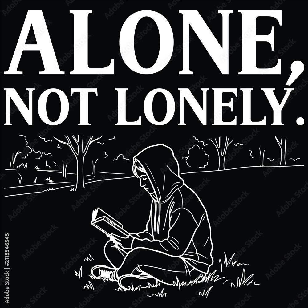 Naklejka premium Alone not lonely elegant lettering with person reading in park landscape illustration