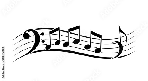 Vector illustration of musical notes on a staff with a bass clef symbol on a transparent background