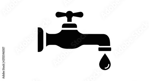 Vector illustration of black icon of a water tap with a dripping drop on a transparent background