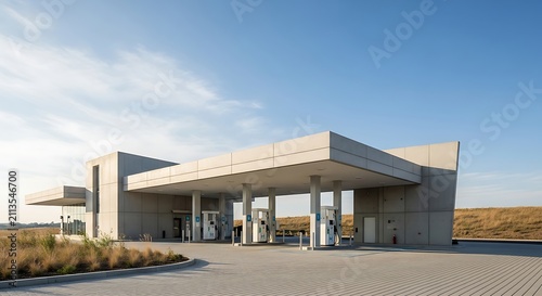 Modern Concrete Gas Station Canopy with Multiple Fuel Pumps Under Clear Sky