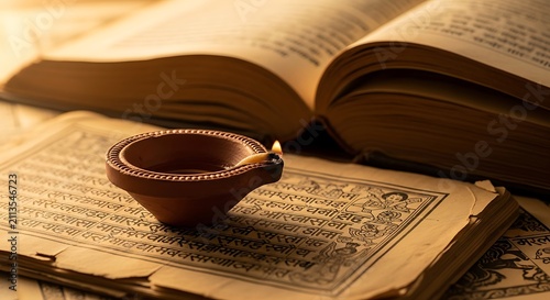 Clay oil lamp diya glowing on ancient sacred hindu religious text book