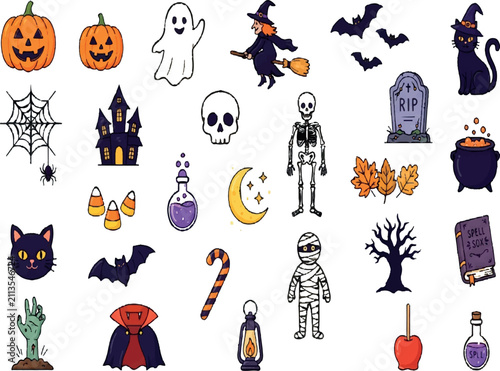 Halloween Clipart Bundle Featuring Jack O Lantern Ghost Skeleton Black Cat Haunted House and Magic Icons Isolated on Transparent Background