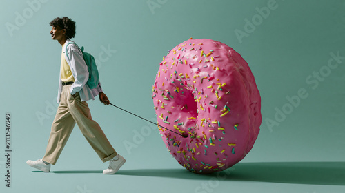Man Walking Large Pink Donut Obstacle on Leash