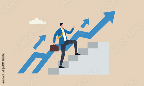Improvement or career growth, stairway to success, growing income or improve skill to achieve business target concept, confidence businessman step walking up stair of success with rising up arrow