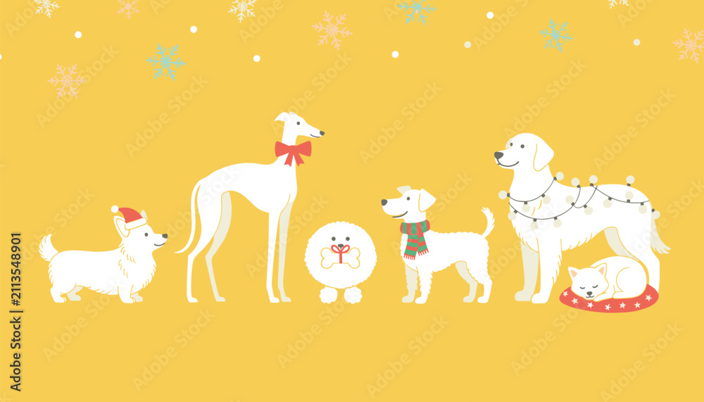 Fototapeta premium Group of adorable white dogs of different breeds wearing festive christmas scarves, hats, and lights on yellow background.