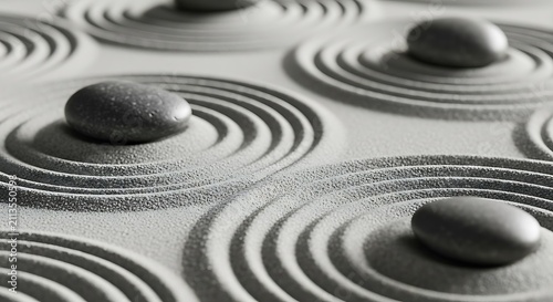 Zen garden sand patterns surround smooth grey stones in a tranquil arrangement for meditation.