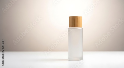 Cosmetic bottle with a wooden cap stands on a clean surface for a professional product mockup.