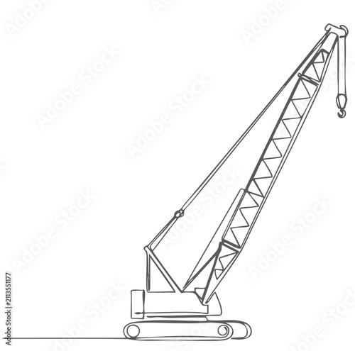 Continuous one line drawing of crawler crane isolated on white background, minimalist outline illustration featuring tracked lifting machine with lattice boom, hook.