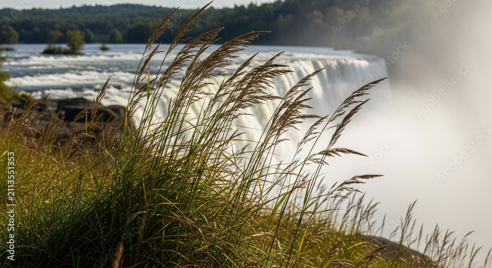 Obraz premium Photorealistic view of tall green grass swaying in the wind near a majestic waterfall