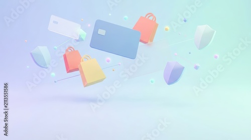 Floating payment cards and shopping bags in minimal pastel composition