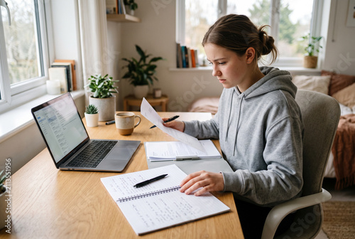 A student sits at a wooden desk in a well-lit room with windows. She looks over papers while writing in a notebook. A laptop is open beside her