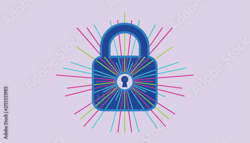 Secure blue padlock icon emitting vibrant neon rays of light, representing cybersecurity, data protection, and digital safety.