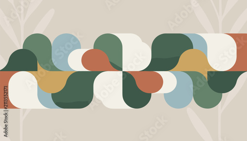 Abstract retro geometric pattern featuring interlocking curved wave shapes in earth-toned colors like green, orange, and blue.