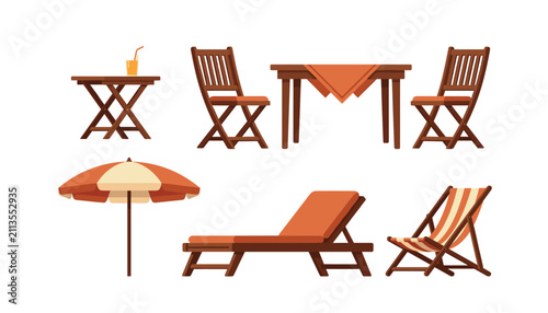 Wooden outdoor cafe patio and beach furniture set. Dining tables, folding chairs, sun lounger, striped deckchair, sun umbrella, isolated white background.