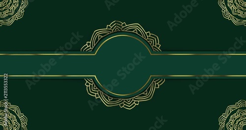 Elegant Golden Mandala Ornament with Circular Frame on Dark Green Background. Suitable for Islamic Wedding Invitation, Certificate, Luxury Label, Ramadan Banner and Formal Event Backdrop Design