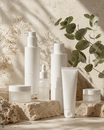 @
 Premium wellness skincare mock-up, blank white cosmetic containers arranged naturally on textured limestone blocks, eucalyptus leaves, dried flowers, warm natural daylight, soft shadows, earthy neu