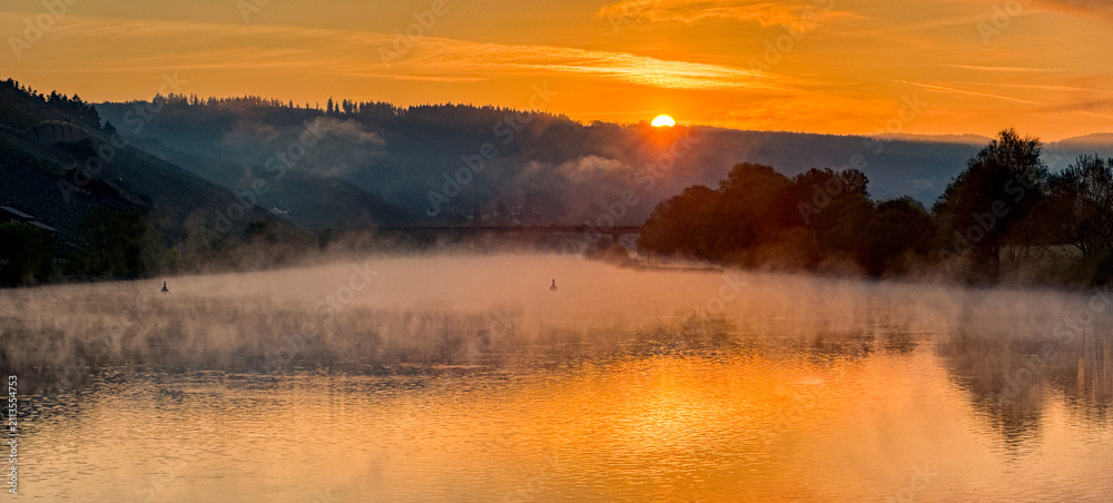 Fototapeta premium Scenic view sailing along the Moselle River at sunrise with mist on the water