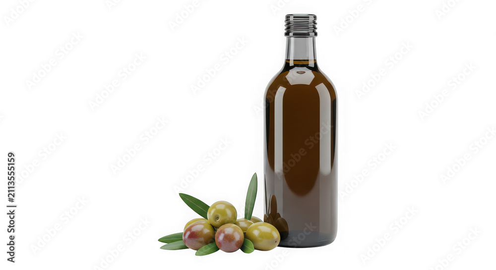 Obraz premium Glass bottle of extra virgin olive oil with fresh green olives on the side
