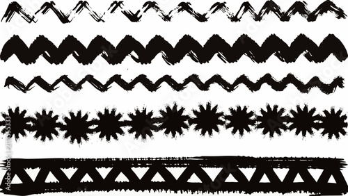 Foto Black zigzag and brushstroke patterns on a white background showcasing various t