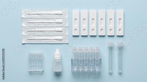 Obraz na płótnie Blank diagnostic test kit components arranged on blue background