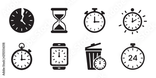Bild auf Leinwand Set of time icons, clock, timer, hourglass, smart watch, trash can with a clock, 24 hours