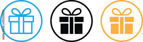 Gift box icons set inside circular frames featuring blue black and orange outline designs.