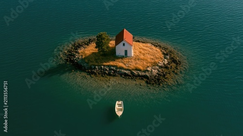Small house on a tiny island, serene water, lone boat, peaceful isolation