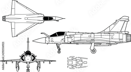 Canvastavla Military Fighter Jet Mirage Orthographic Blueprint Vector Set with Front, Side,