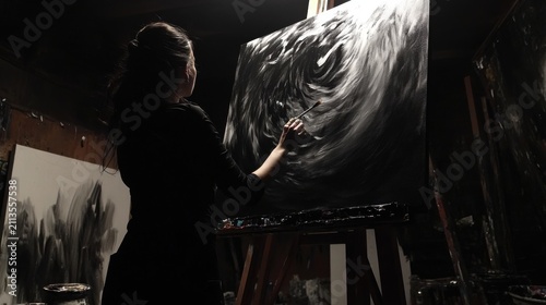 Artist passionately painting abstract artwork in her dimly lit studio space