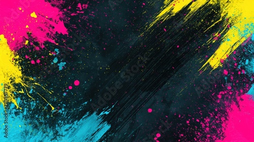Vibrant abstract splashes of neon paint on a dark, textured background