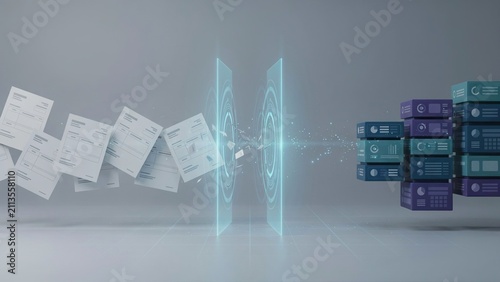Documents float through a digital light portal to organize into a structured stack of data blocks on a grey background.