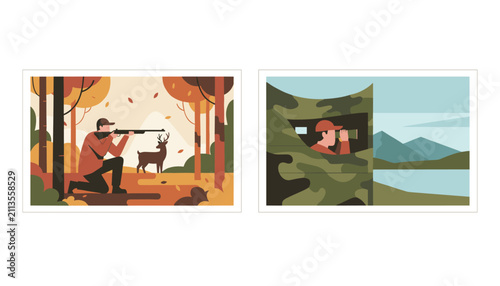 Two stylized illustrations showing hunters in action tracking deer in a forest and looking through binoculars.