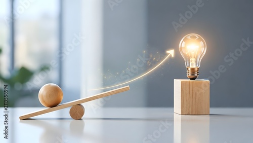 Business growth momentum and innovation strategy glowing upward arrow shooting from wooden seesaw toward illuminated lightbulb
