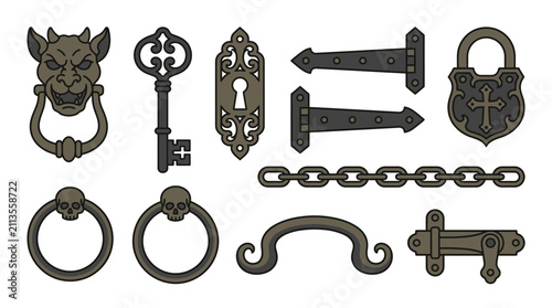 Antique-style metal hardware collection featuring keys, locks, hinges, and rings in a monochromatic color palette.