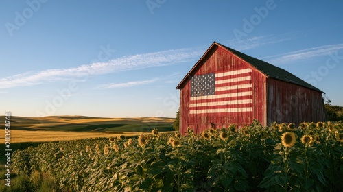 Red barn with American flag painted on it sits in field of sunflowers