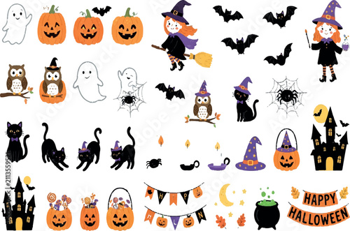 Halloween Cartoon Clipart Collection Featuring Witch, Owl, Pumpkin Bucket, Spider Web, Bats and Castle Isolated on Transparent Background