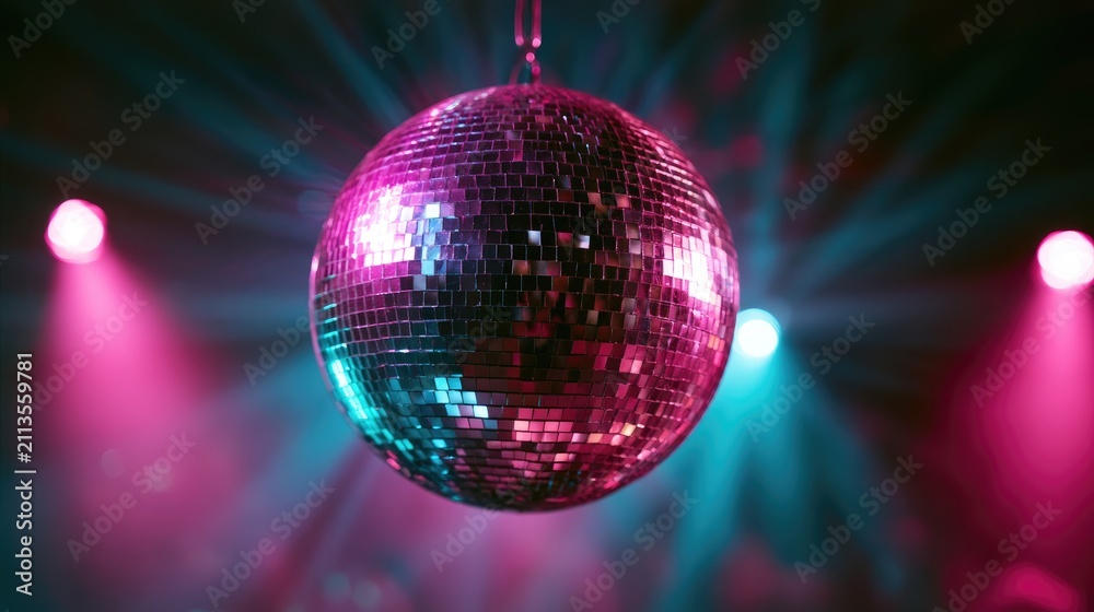 Obraz premium Reflective orb suspended with beams of pink and teal light