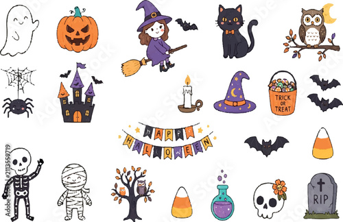 Cute Halloween Clipart Collection with Witch, Pumpkin, Black Cat, Bat and Spooky Icons Isolated on Transparent Background