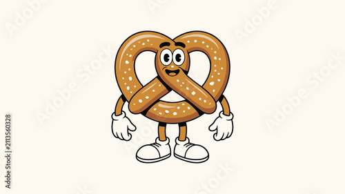 Funny cartoon pretzel character standing with hands on hips wearing gloves and shoes in vintage rubber hose style.