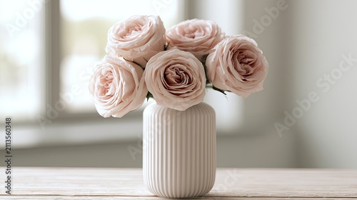 Soft pink roses elegantly arranged in a ribbed vase on a wooden surface