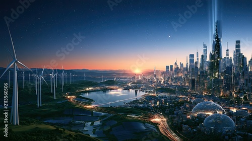 Futuristic cityscape powered by clean energy blends with rolling hills and wind turbines