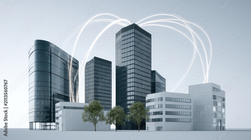 Fototapeta premium Modern city buildings connected by glowing light streams
