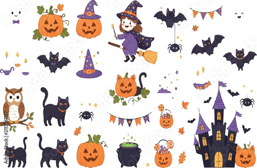 Cute Halloween Clipart Collection with Witch, Pumpkins, Black Cats, Bats, Spiders and Party Decorations Vector Set Isolated on Transparent Background
