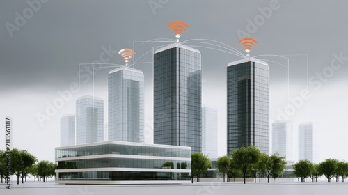 Futuristic urban landscape with connected tall buildings emitting signals