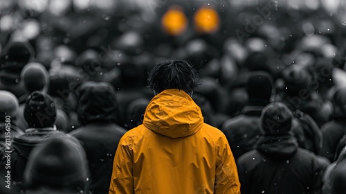 Individual in bright yellow jacket stands out amidst a dark, blurred crowd