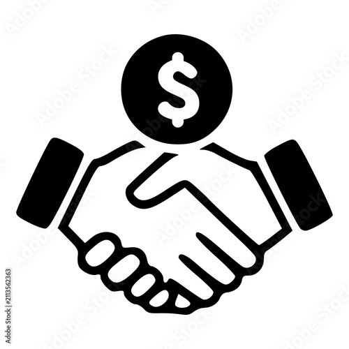 Fotografie Two corporate partners executing a firm handshake under a floating dollar coin,